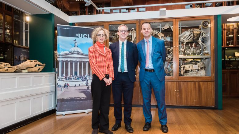 From left: Professor Stella Bruzzi, Dean of Arts and Humanities at UCL, Arts Minister Lord Parkinson and Paul Ramsbottom Chief Executive of the Wolfson Foundation at the Grant Museum of Zoology