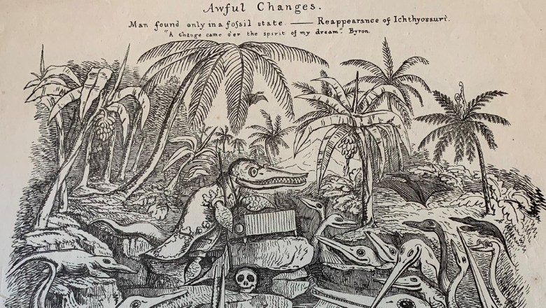 A print showing a representation of dinosaurs in prehistoric times.