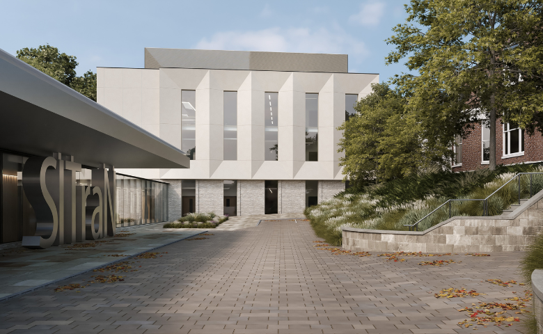Architect's design showing two buildings next to each other with a paved area outside.